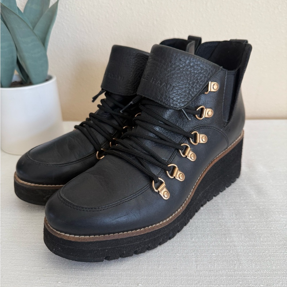 Cole Haan Black Leather Lace Up Wedge Waterproof Ankle Boots - Picture 6 of 11